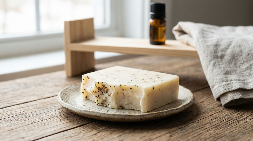 Bar of speckled soap on ceramic plate, wooden table, and a brown bottle in the background. Linen cloth adds a rustic touch.