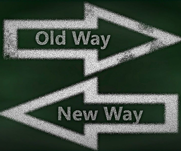 Image showing arrows, one pointing to the old way, one point to the new way