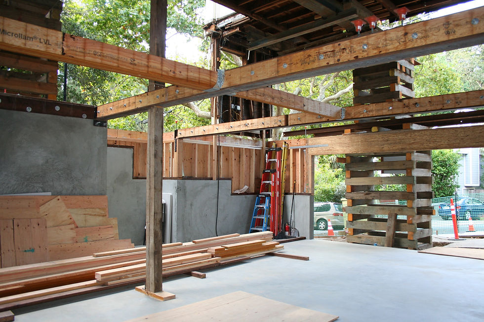 Steel framwork spanning garage in Larkspur CA renovation by Larkspur Building Company