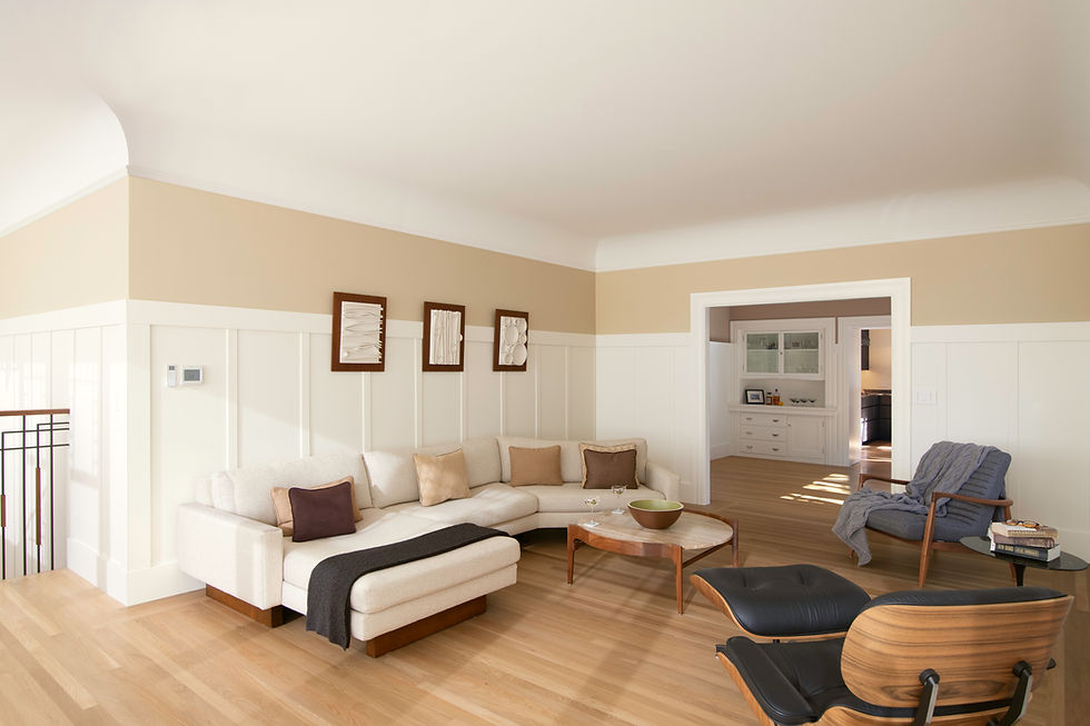 Larkspur residence living room with panelling cove ceilings and oak floors