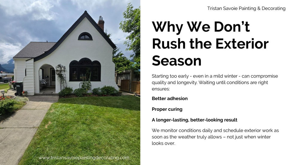 A charming house with white stucco and arched windows sits under a cloudy sky. Adjacent text discusses the benefits of waiting for the right conditions for exterior painting, emphasizing better adhesion and longevity.