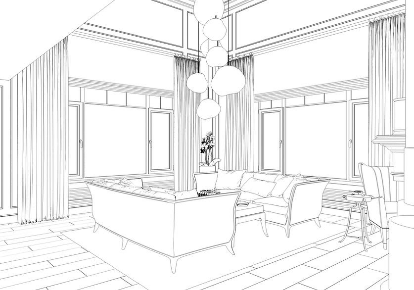 Architectural sketch of a modern living room interior