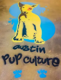Yellow dog silhouette with blue details,