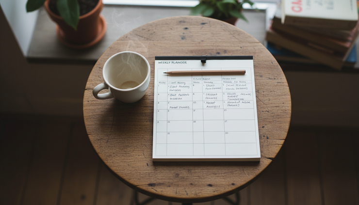 Overhead view of a notebook, coffee cup, and handwritten weekly plan on a café table