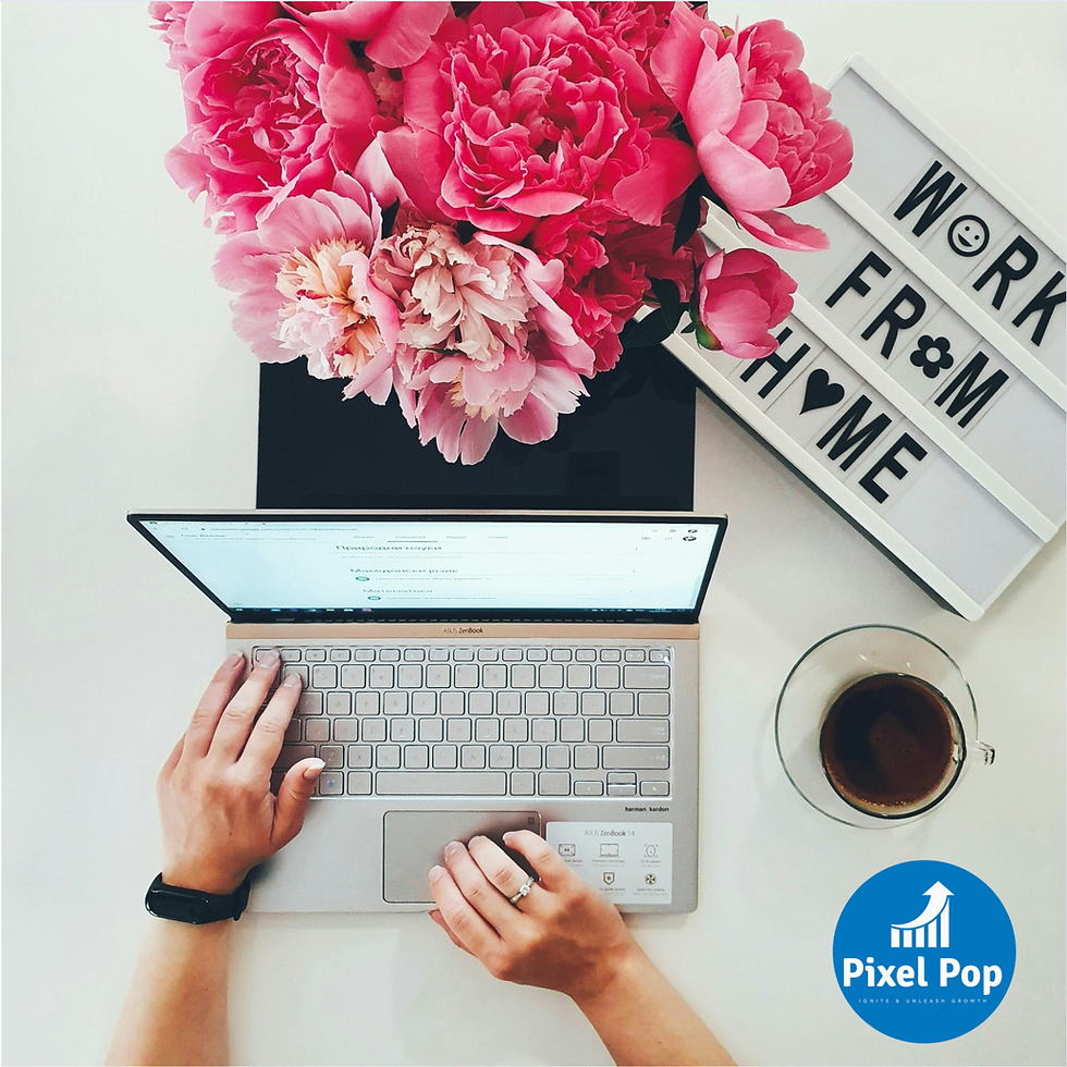 woman working remotely alongside a work from home sign