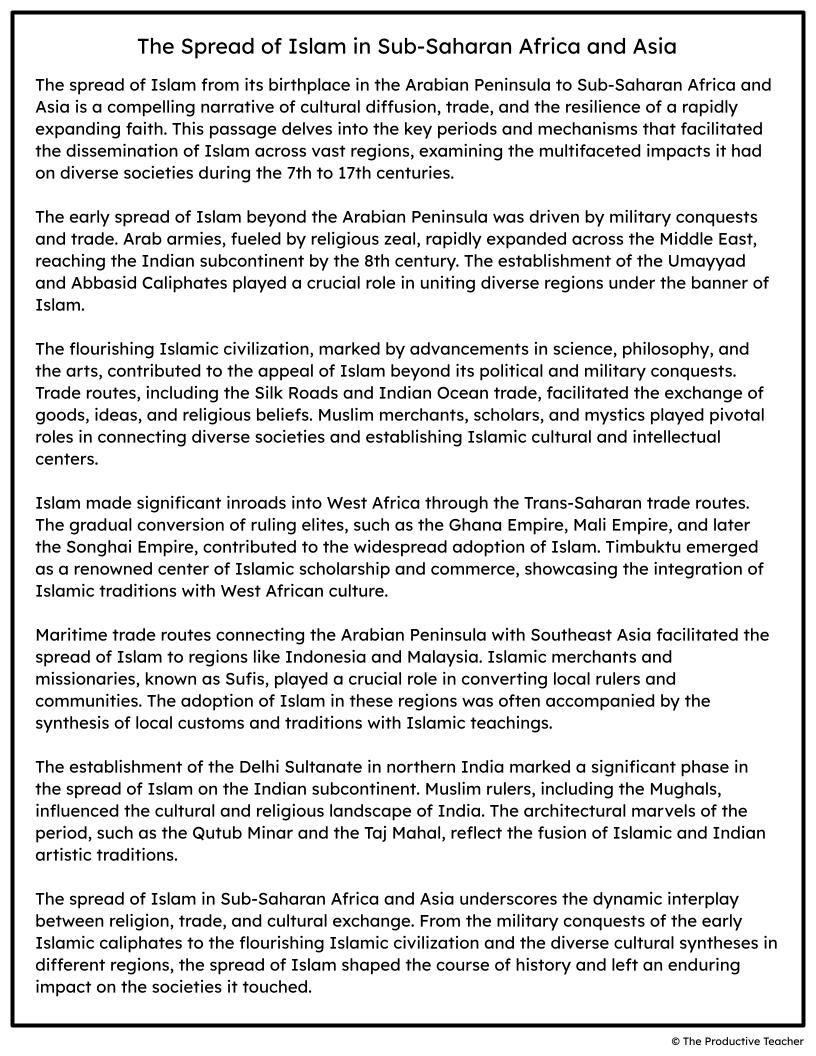 The Spread of Islam in Sub-Saharan Africa and Asia Free Reading Passage