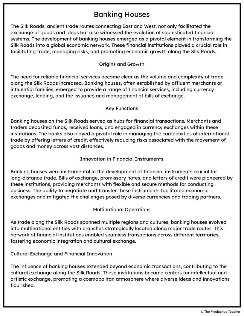 Free Reading Passage on Banking Houses