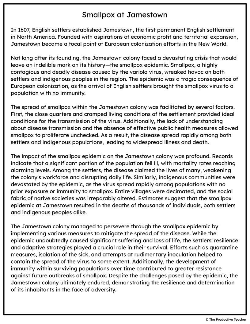 Smallpox at Jamestown FREE Reading Passage