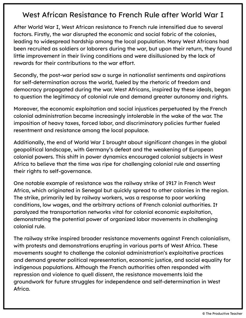 West African Resistance to French Rule after World War I Free Reading Passage