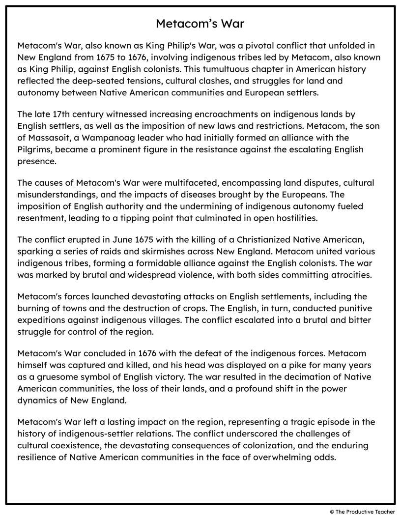 Metacom's War Free Reading Passage
