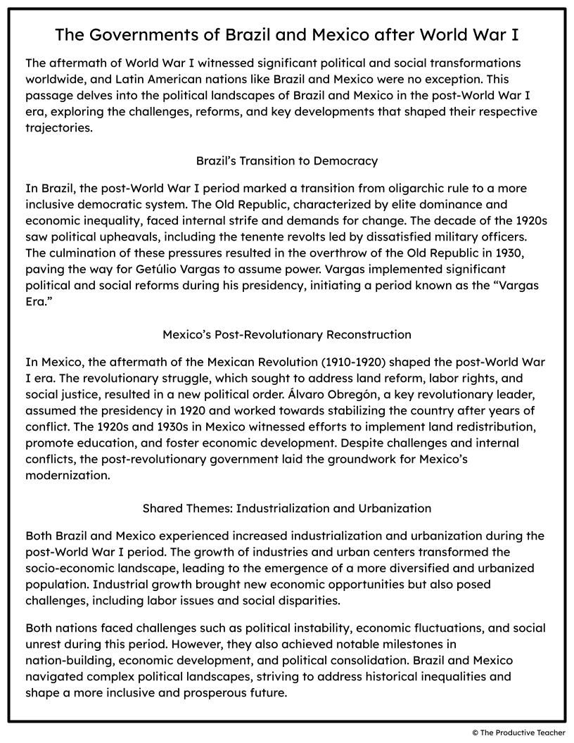 Free Reading Passage on the Governments of Brazil and Mexico after World War I