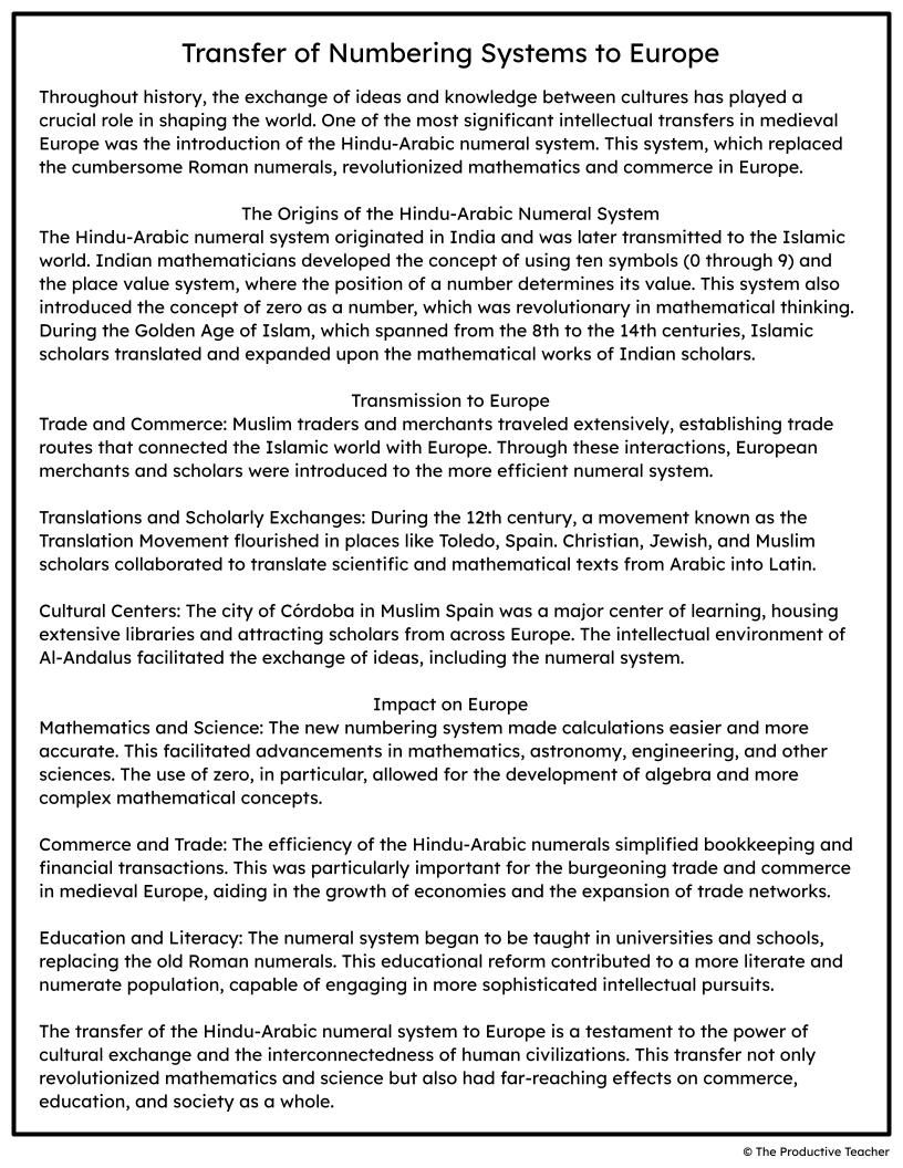 Transfer of Numbering Systems to Europe Free Reading Passage