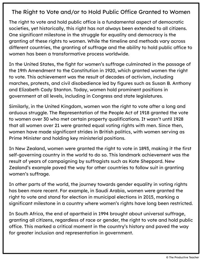 Free Reading Passage on Right to Vote and/or to Hold Public Office Granted to Women