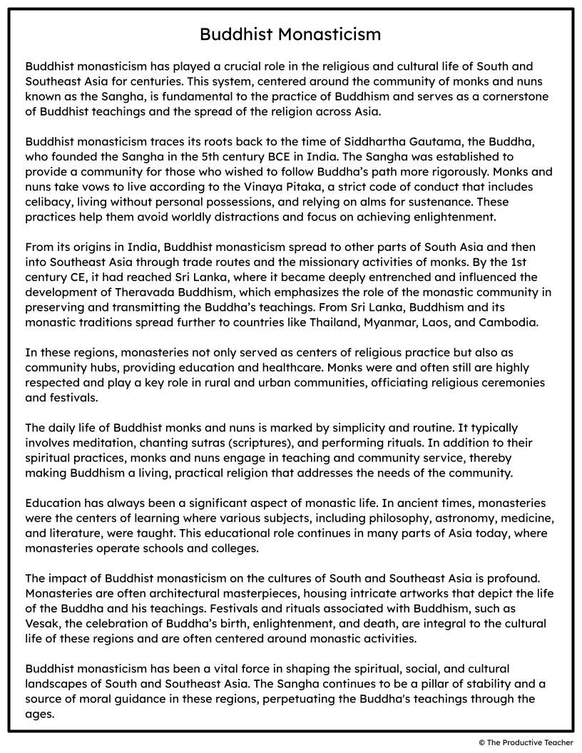 Buddhist Monasticism FREE Reading Passage