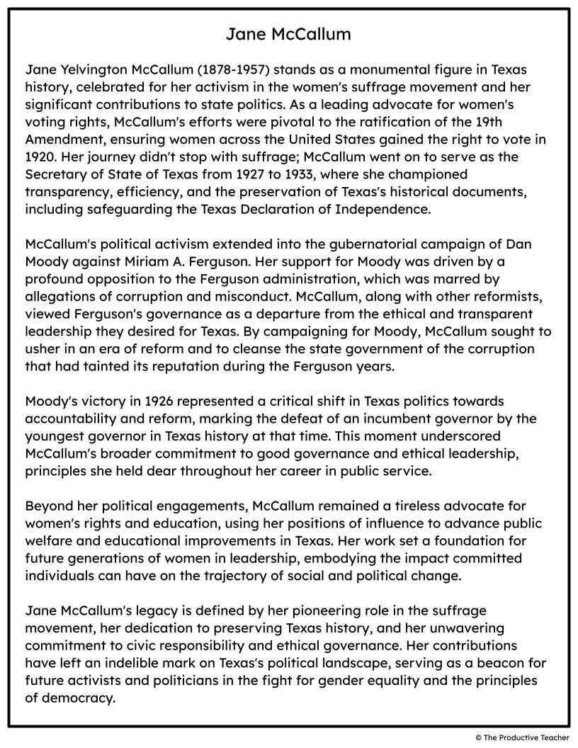 Jane McCallum FREE Reading Passage