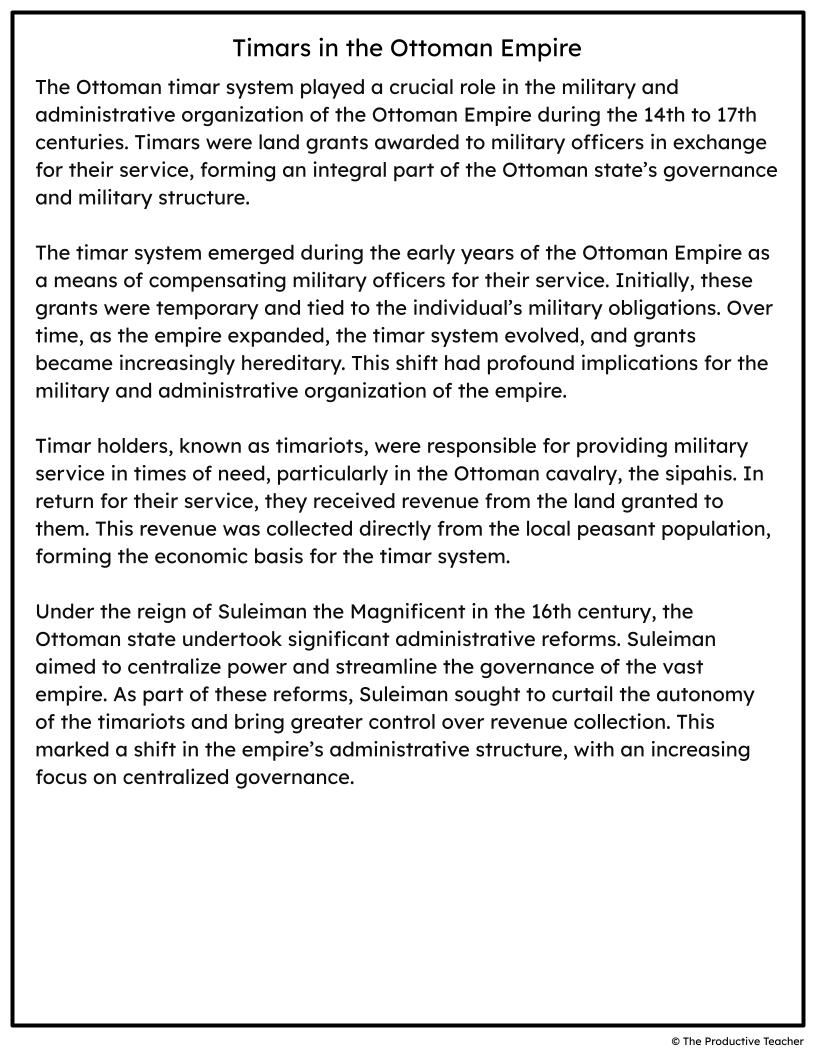 Timars in the Ottoman Empire Free Reading Passage