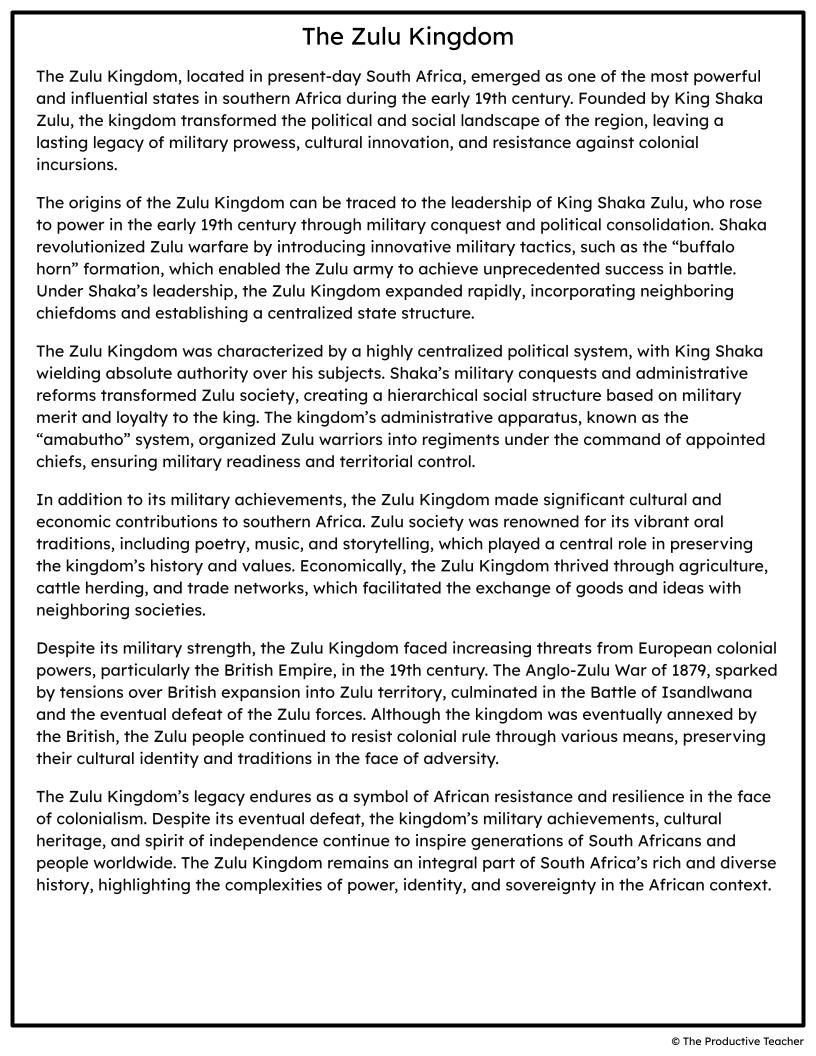 The Zulu Kingdom Free Reading Passage