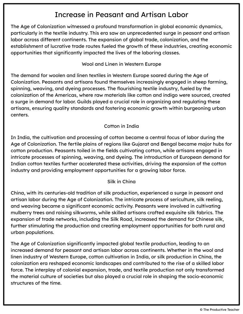 Increase in Peasant and Artisan Labor Free Reading Passage