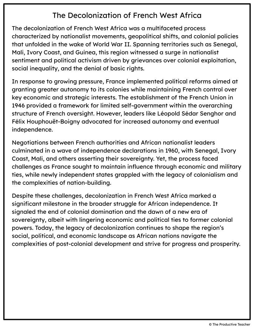 The Decolonization of French West Africa Free Reading Passage