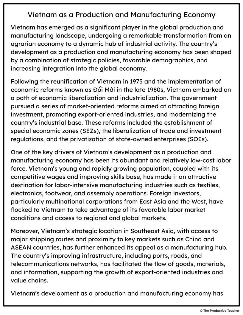 Vietnam as a Production and Manufacturing Economy Free Reading Passage
