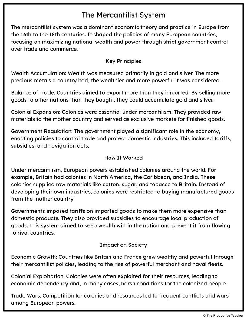 The Mercantilist System Free Reading Passage