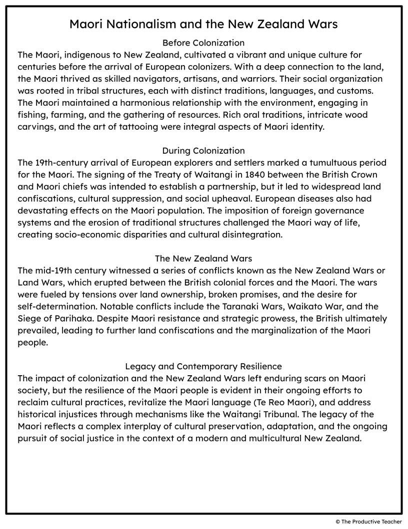 Maori Nationalism and the New Zealand Wars Free Reading Passage