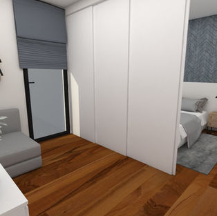 Diseño de interiores de dormitorio en Barcelona con vestidor y paneles separadores para crear privacidad