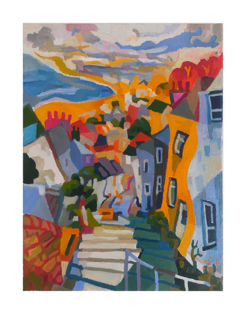 a colorful painting of stairs leading up to a yellow building