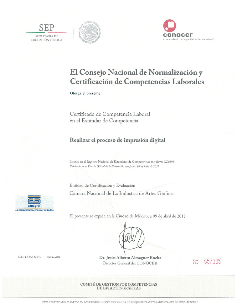 Certificado Impresión Digital 2018