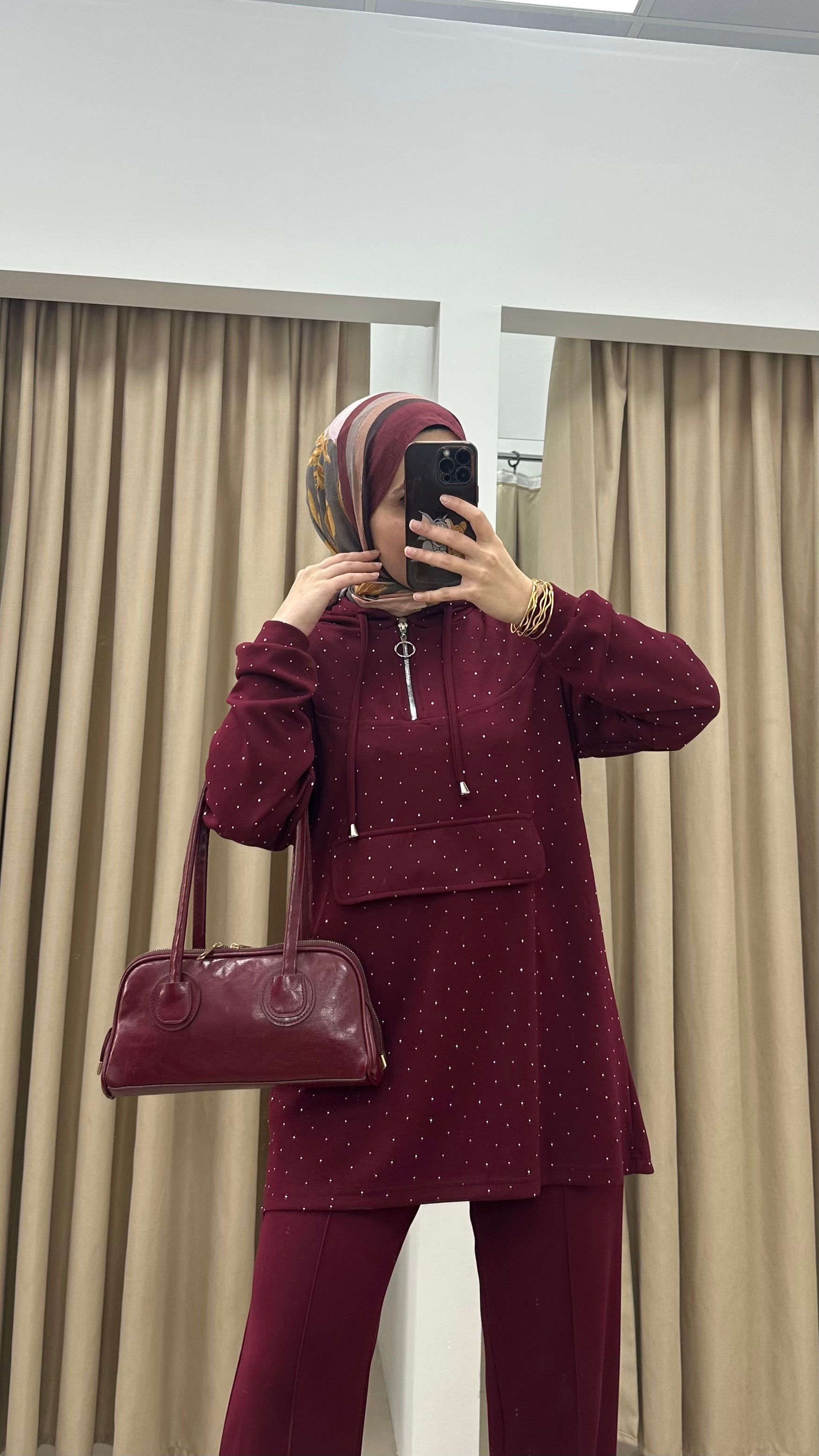 Taşlı Kapişonlu Oysho Takım - Bordo