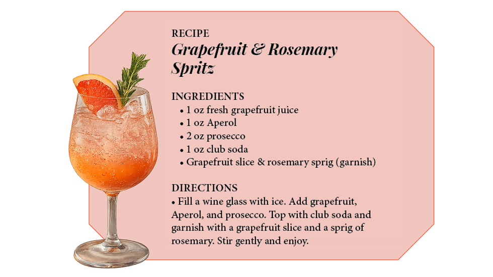 Recipe card featuring a Grapefruit & Rosemary Spritz cocktail with a photo of the finished drink garnished with fresh grapefruit and rosemary. The card includes ingredients, directions, and a soft blush design that complements a coastal summer entertaining theme.