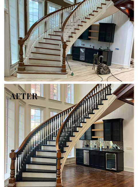 Before and after staircase renovation featuring a dramatic curved staircase updated with darker railings and refined finishes.