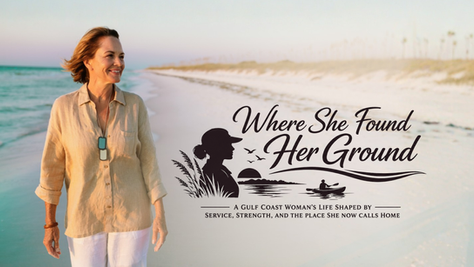 Coastal feature image depicting a woman walking along a quiet Gulf Coast shoreline at sunrise beside the title Where She Found Her Ground. The artwork incorporates silhouettes of a woman veteran, sea oats, a kayaker on calm water, and coastal elements symbolizing healing, resilience, and the journey from military service to civilian life.