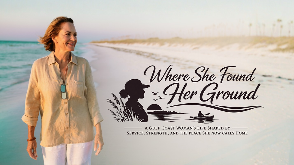 Coastal feature image depicting a woman walking along a quiet Gulf Coast shoreline at sunrise beside the title Where She Found Her Ground. The artwork incorporates silhouettes of a woman veteran, sea oats, a kayaker on calm water, and coastal elements symbolizing healing, resilience, and the journey from military service to civilian life.