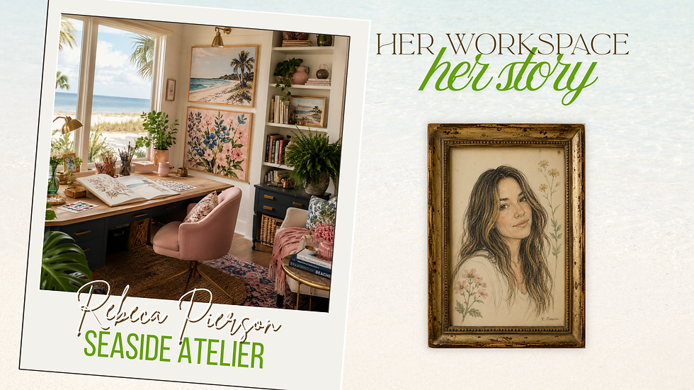 Coastal-inspired feature image showcasing artist Rebeca Pierson's creative workspace alongside a framed illustrated self-portrait. The inviting studio features a wooden desk, blush accent chair, bookshelves, artwork, and natural elements that reflect her calm, nature-inspired aesthetic, while the vintage-framed portrait highlights the soft, organic style that defines her artwork and creative vision.