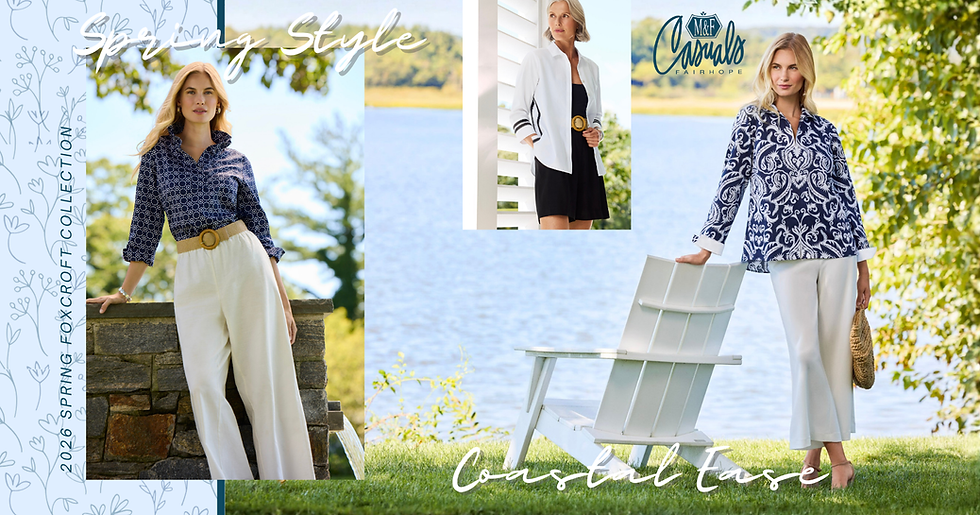 Coastal spring fashion collage featuring Foxcroft collection looks styled by M&F Casuals with breezy waterfront backdrops