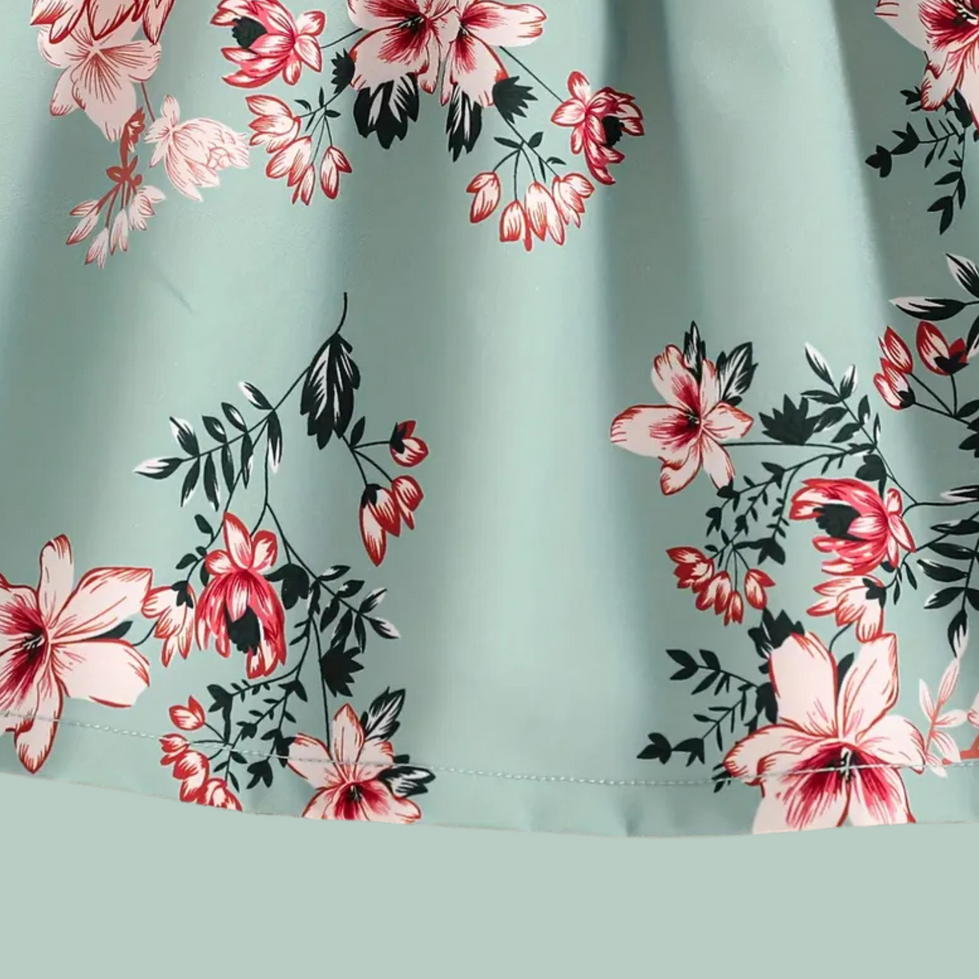 CARRIE Floral Ruff Sleeve Ruched Dress | Mint Green | Skirt Hem | Felicity + Asher Boutique