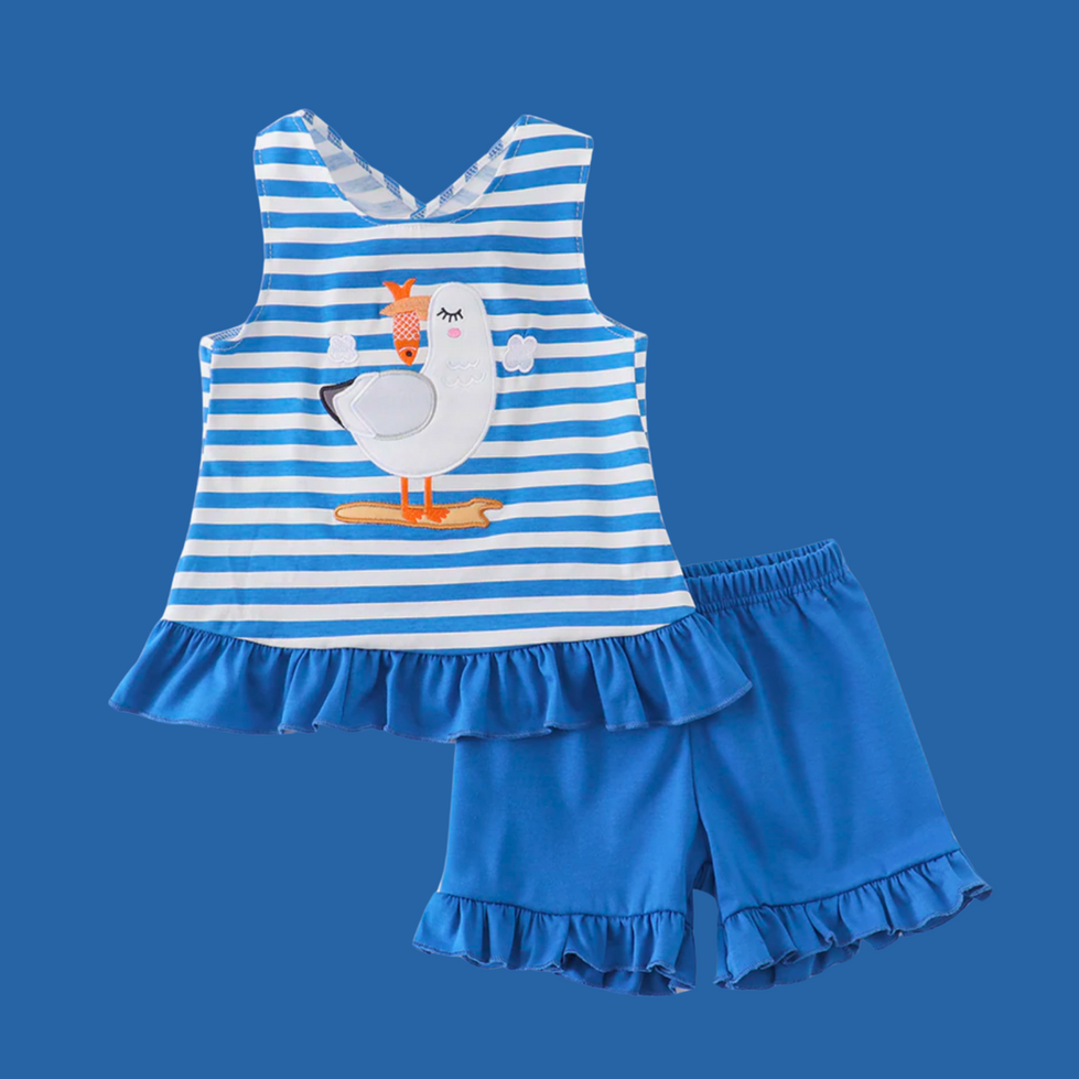 SCUTTLE Seagull Nautical Blue Striped Girls Swing Top Short Set | Front View | Felicity + Asher Boutique