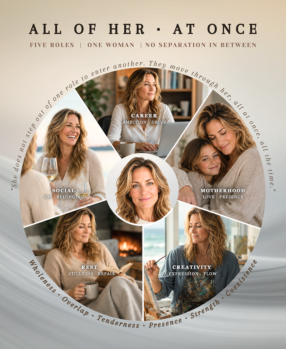 Circular editorial graphic titled All of Her, At Once illustrating the many roles women carry simultaneously. The design features one woman represented through five interconnected aspects of life: career, motherhood, creativity, social connection, and rest, surrounding a central portrait that symbolizes wholeness, presence, strength, and the coexistence of every role.