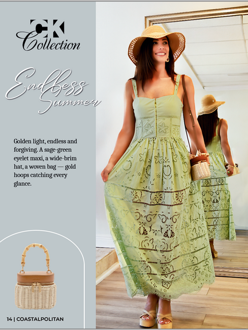 Model wearing a sage green eyelet maxi dress paired with a wide-brim straw hat, woven handbag, gold hoop earrings, and platform sandals, creating an elegant coastal-inspired summer look.