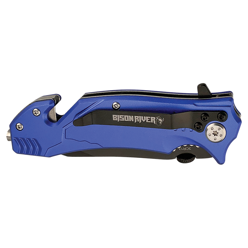 Thumbnail: Personalized Bison River Rescue Knife featuring a stainless steel blade, seatbelt cutter, glass breaker, pocket clip, and cus