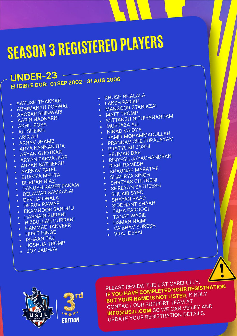 🚨 USJL SEASON 3 – REGISTERED PLAYER LIST IS NOW AVAILABLE! 🏏