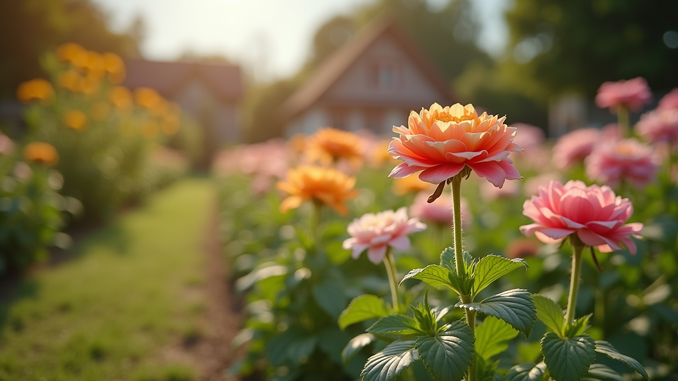 Eye-level view of a vibrant community garden with blooming flowers