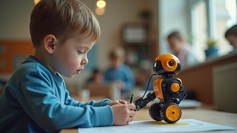 Close-up view of a child programming a small robot at Oddball Academy