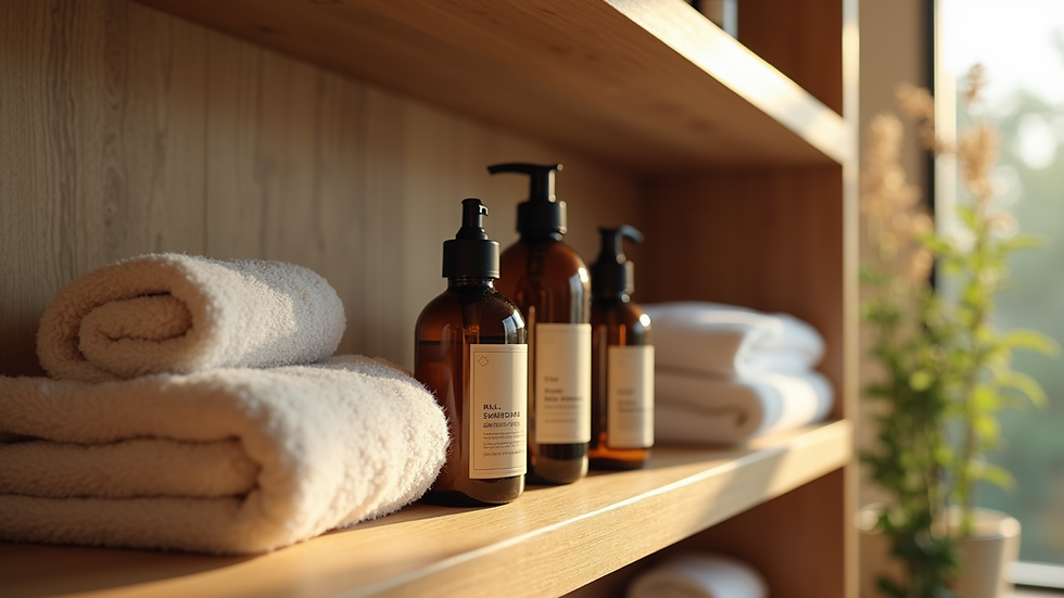 Close-up view of massage oils and wellness products arranged neatly on a wooden shelf