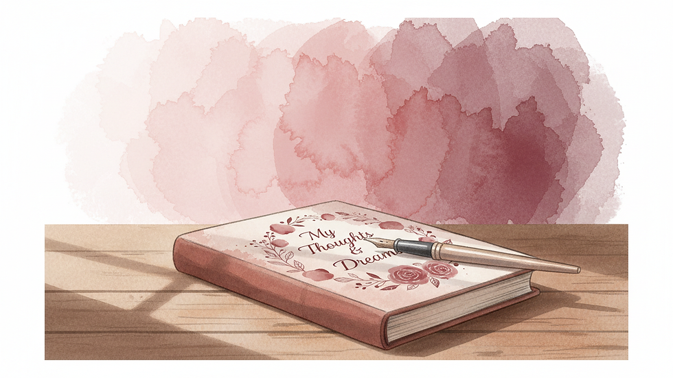 Close-up view of a journal and pen on a wooden desk with soft natural light
