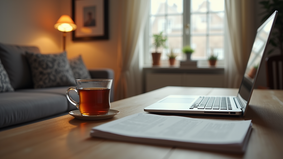 Eye-level view of a cozy home office setup with a laptop and a cup of tea