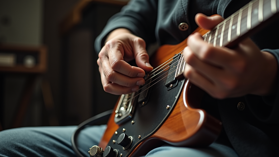 Eye-level view of guitar technician adjusting guitar strings