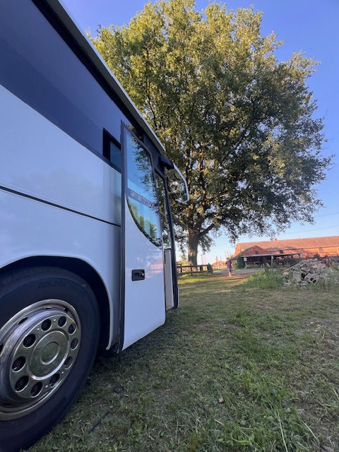 Vorderbereich eines weißen Busses mit einem sichtbaren Vorderrad und offenem Einstieg. Im Hintergrund steht ein imposanter Eichenbaum, dahinter ein Bauernhof auf einer großen, grünen Wiese. Der Himmel ist strahlend blau.