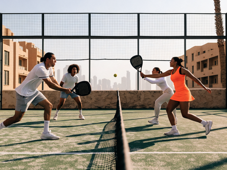 Two pairs playing a competitive point on an outdoor padel court in Dubai